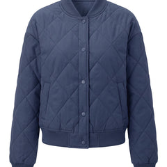 Blue diamond quilted button front bomber jacket, front view