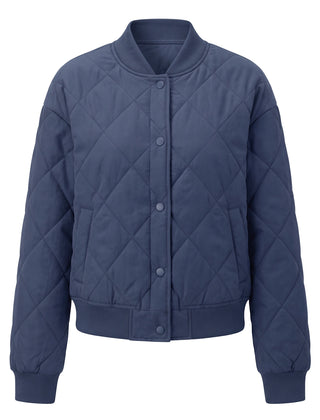 Blue diamond quilted button front bomber jacket, front view