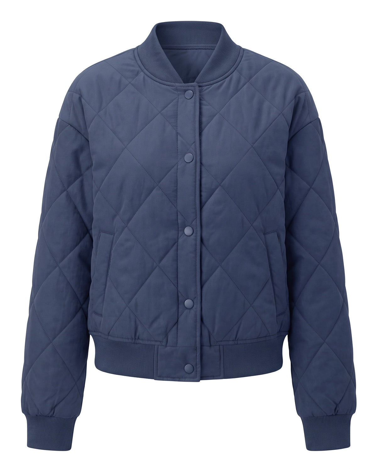 Blue diamond quilted button front bomber jacket, front view
