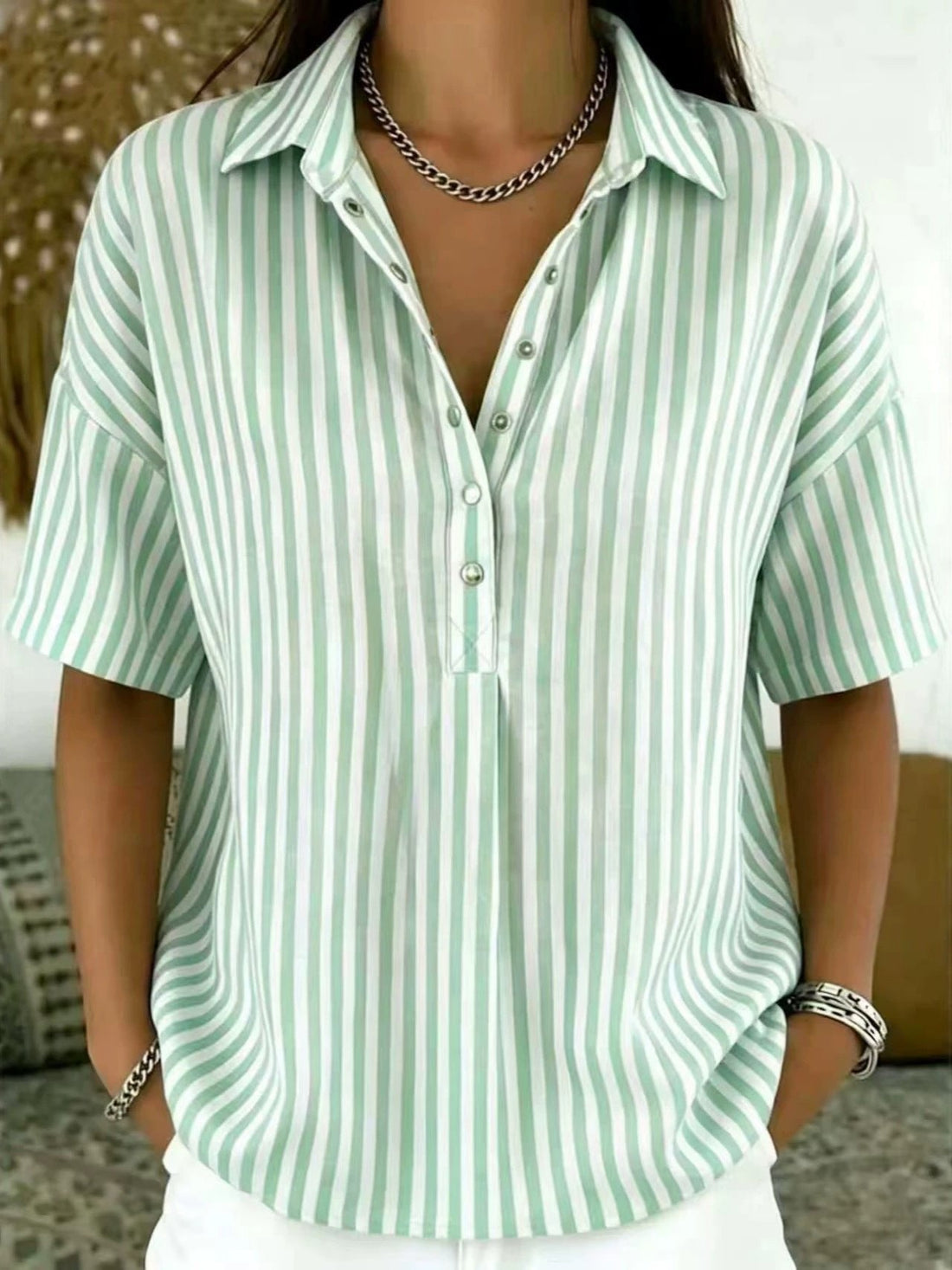 Delfine | Women's Striped Collared Short Sleeve Blouse