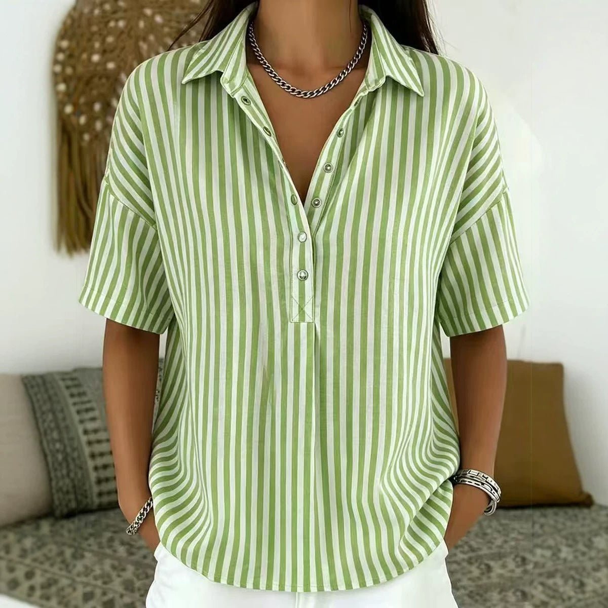 Delfine | Women's Striped Collared Short Sleeve Blouse