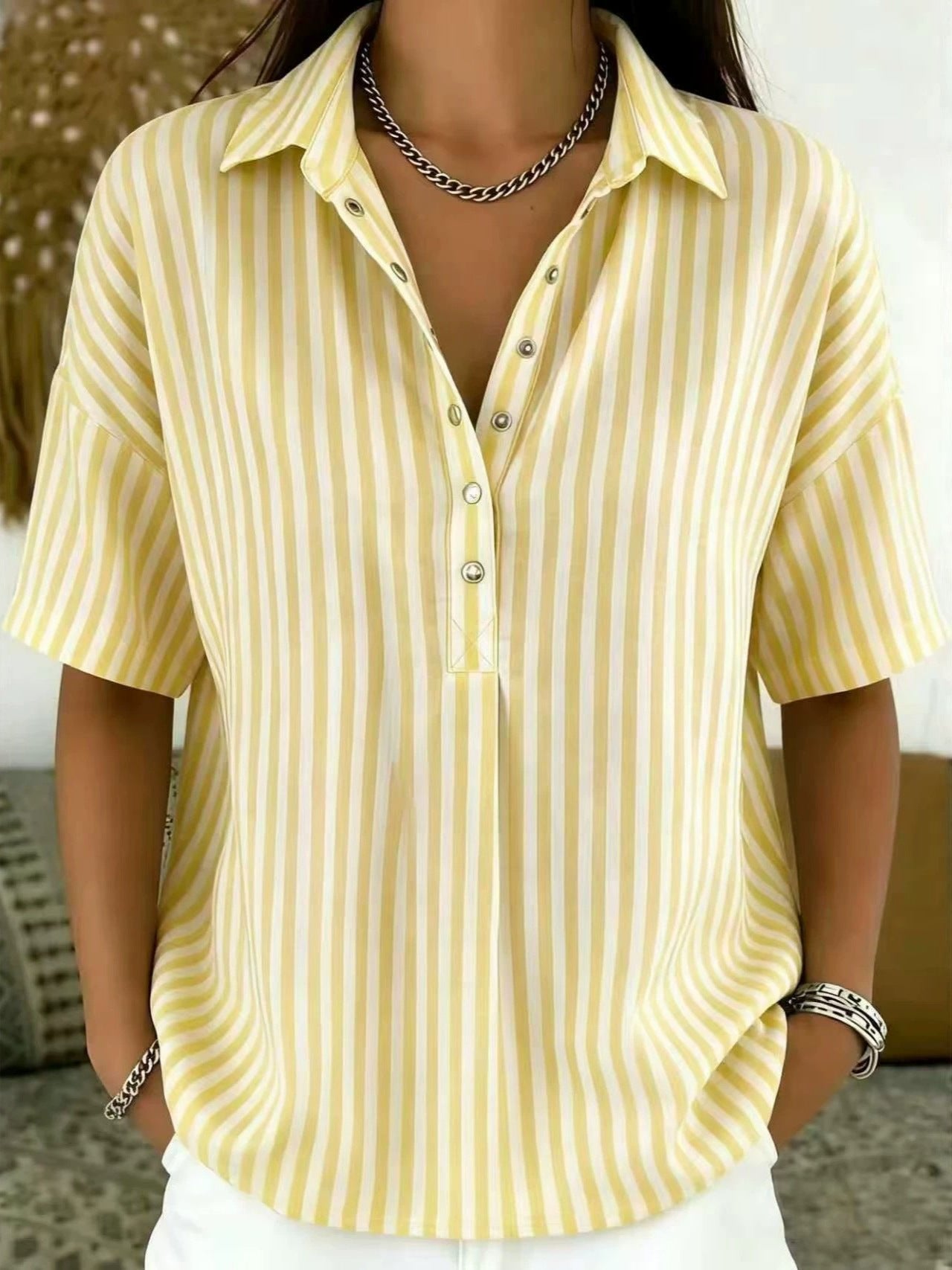 Delfine | Women's Striped Collared Short Sleeve Blouse
