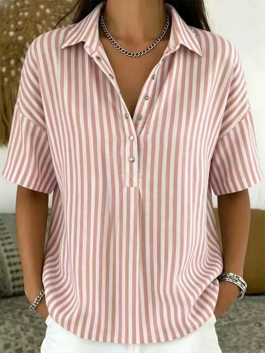 Delfine | Women's Striped Collared Short Sleeve Blouse