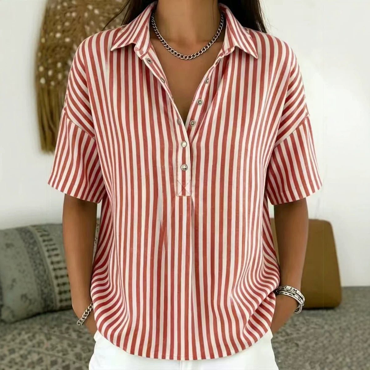 Delfine | Women's Striped Collared Short Sleeve Blouse