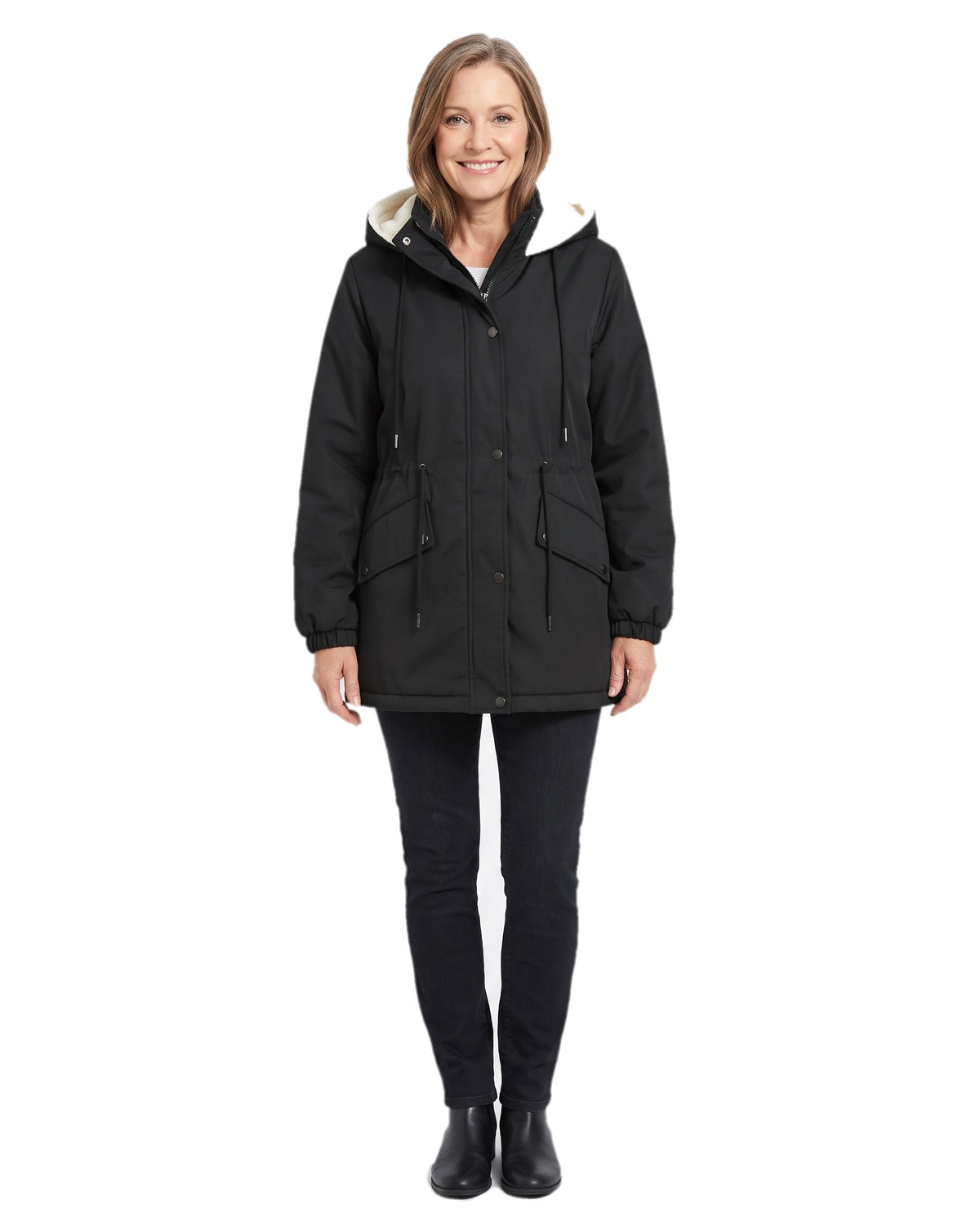Woman wearing the black fleece lined hooded parka jacket, front standing pose