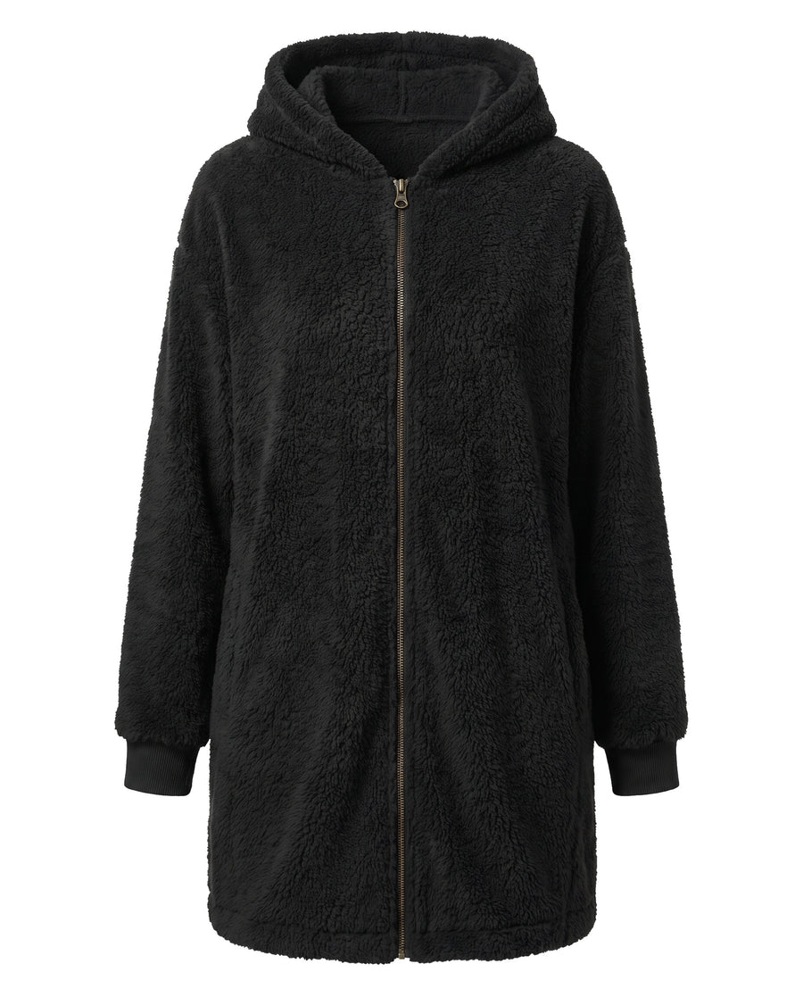 Women's oversized longline teddy fleece hooded zip jacket in black, front view