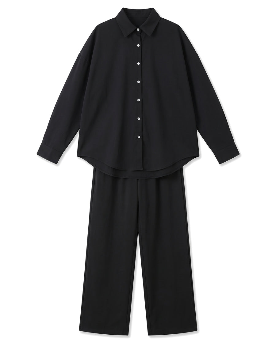 Georgia-Carmen women's oversized collared shirt and wide-leg pants set in black, front view