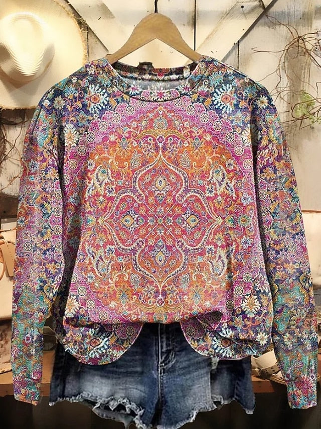 Marigold | Women's Floral Geometric Print Pullover Sweatshirt