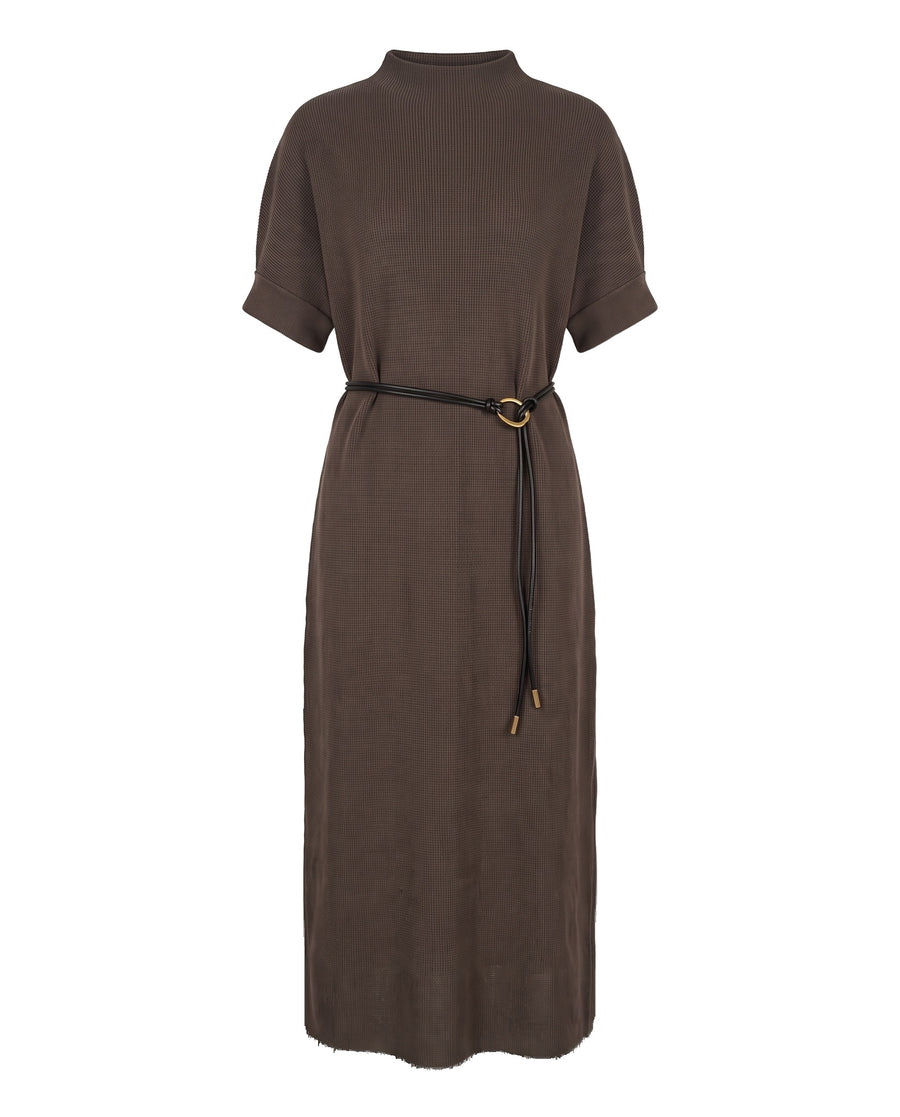 Brown knit mock neck belted maxi dress, front view
