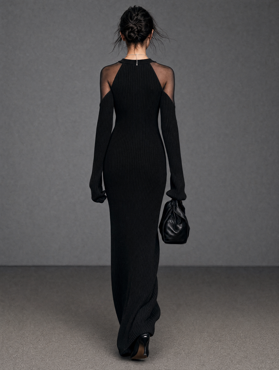 Elowen | Women's Long-Sleeve Organza-Panel Maxi Sweater Dress