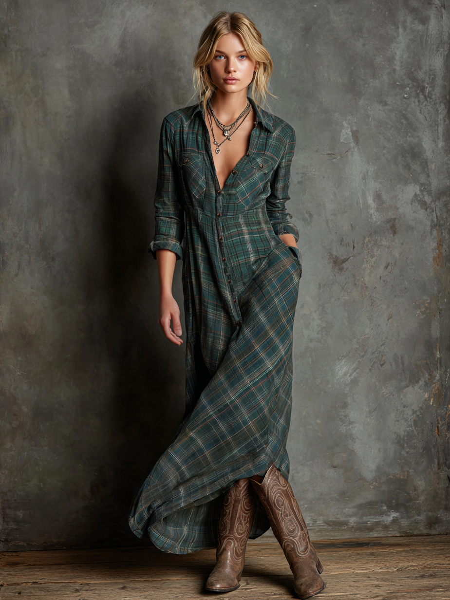 Marielle | Women's Plaid Lapel Shirt Maxi Dress