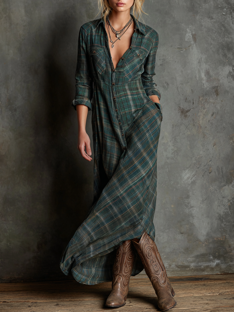 Marielle | Women's Plaid Lapel Shirt Maxi Dress