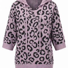 Purple leopard print hooded knit sweater front view on a white background