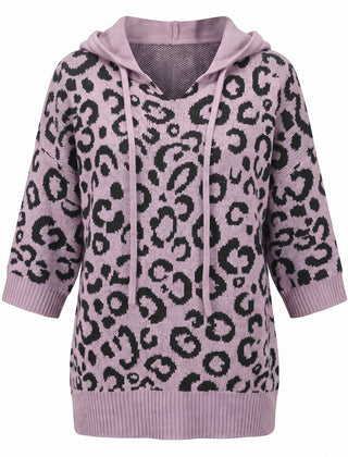 Purple leopard print hooded knit sweater front view on a white background