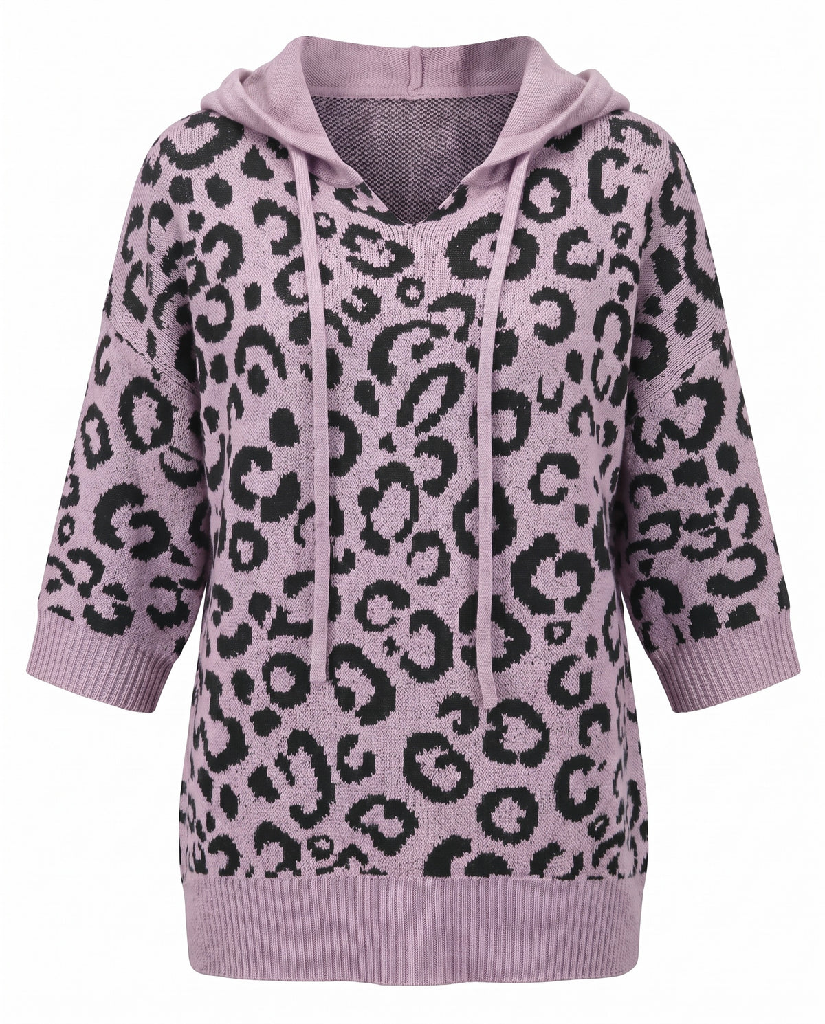 Purple leopard print hooded knit sweater front view on a white background