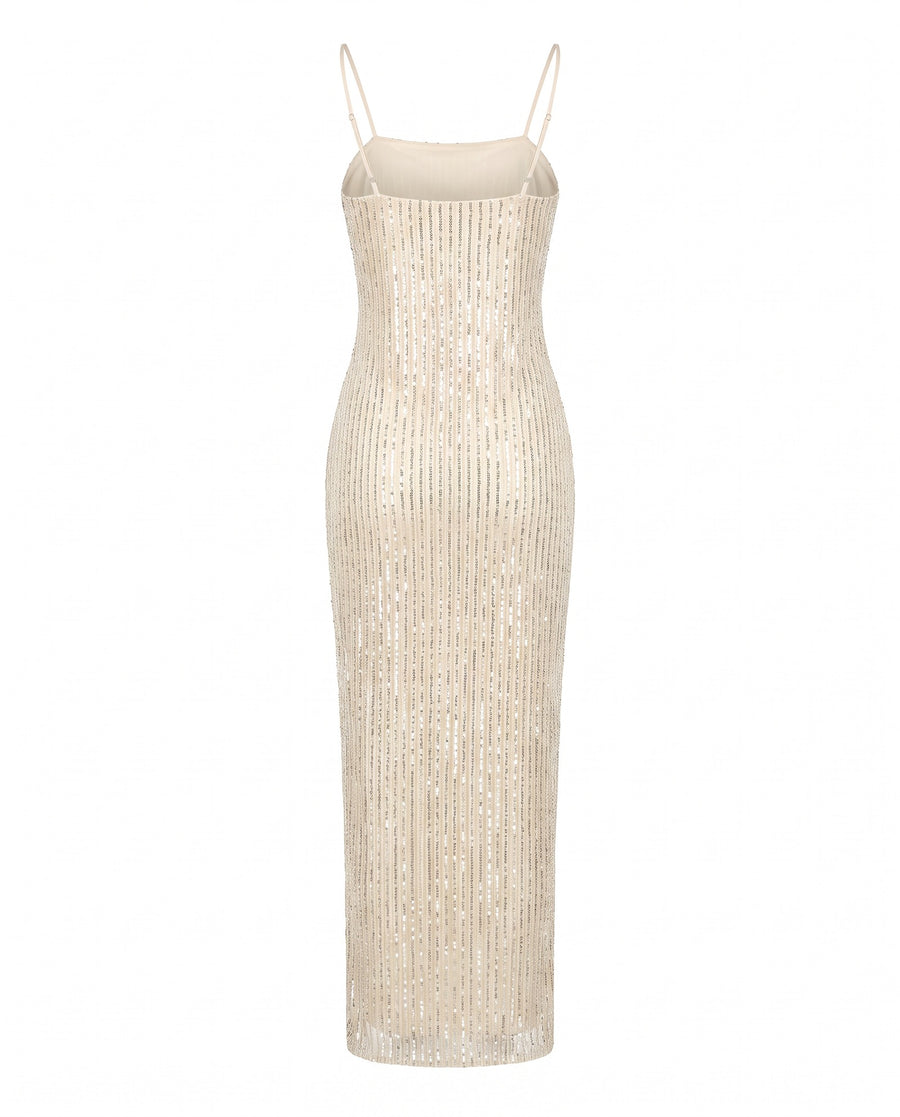 Champagne gold sequin column maxi slip dress, back view