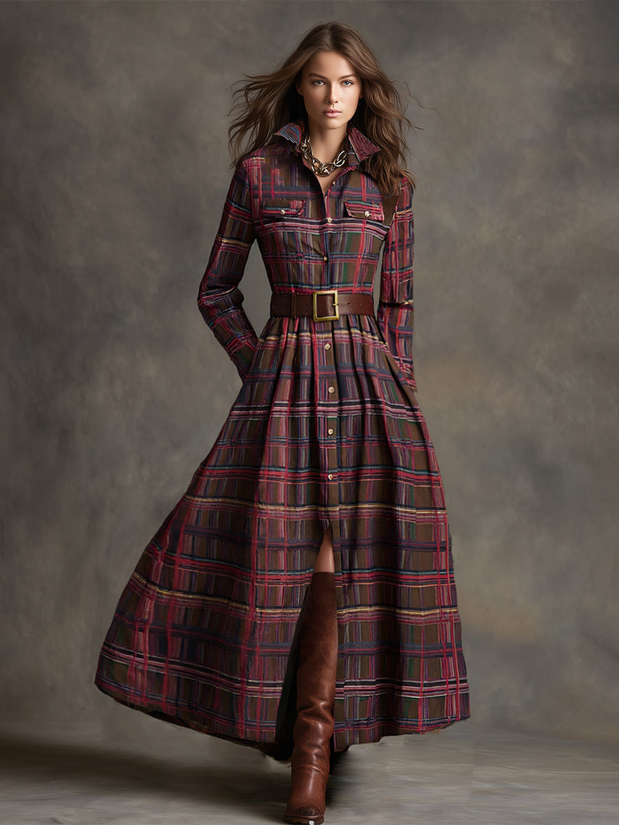 Rosalind | Women's Plaid Lapel Maxi Dress