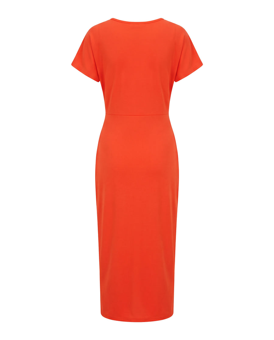 Orange red wrap midi dress, back view with plain back and no slit
