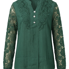 Beatrice women's crochet lace yoke blouse in green, front view on a white background