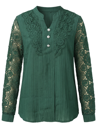 Beatrice women's crochet lace yoke blouse in green, front view on a white background