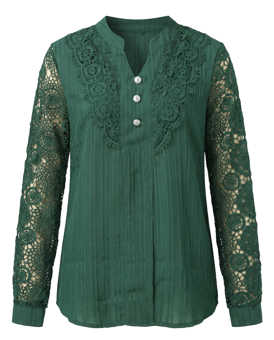 Beatrice women's crochet lace yoke blouse in green, front view on a white background