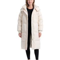 Model wearing the cream white longline hooded puffer coat, front view