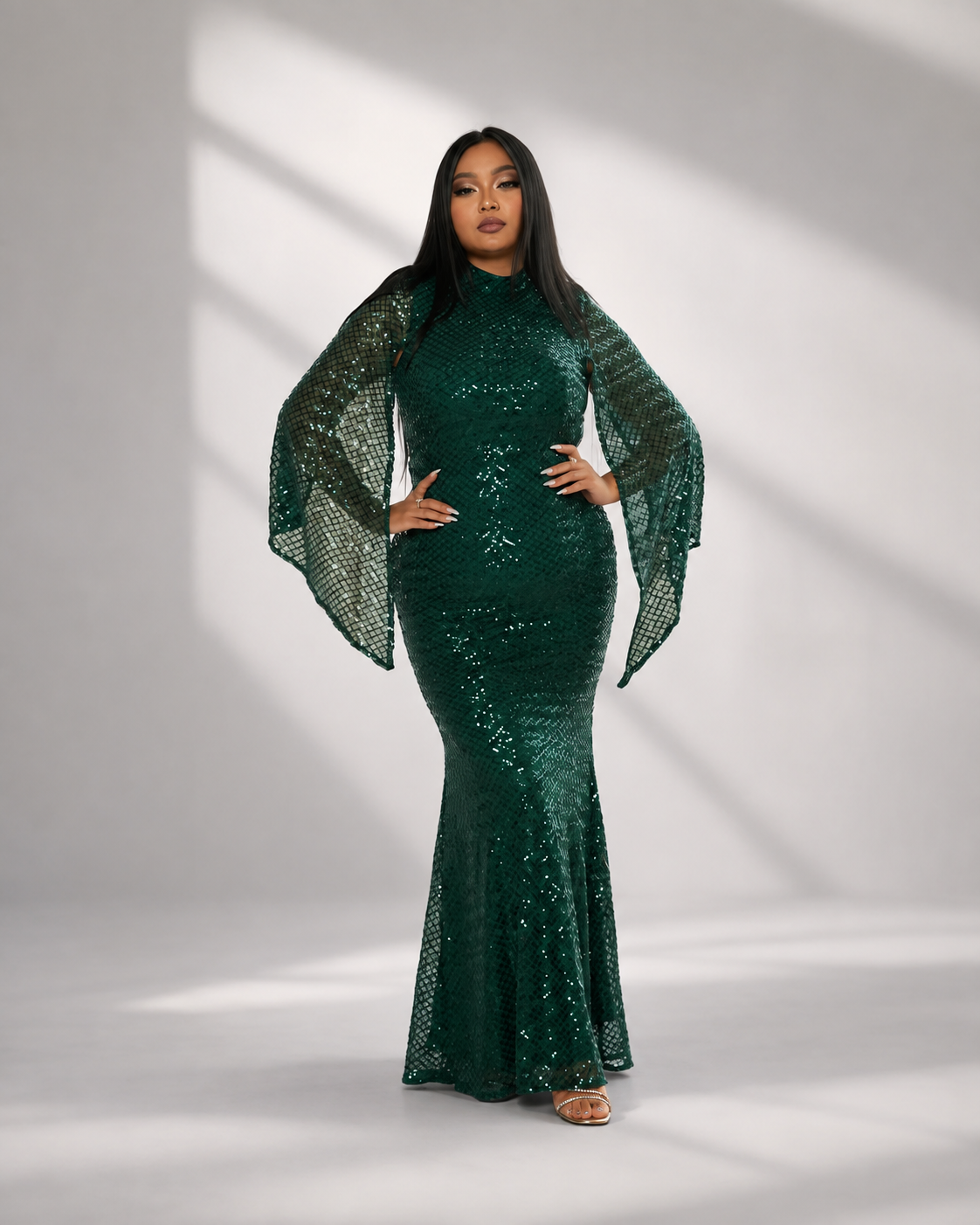 Xiomara | Women's Sequin Bell Sleeve Mermaid Evening Gown