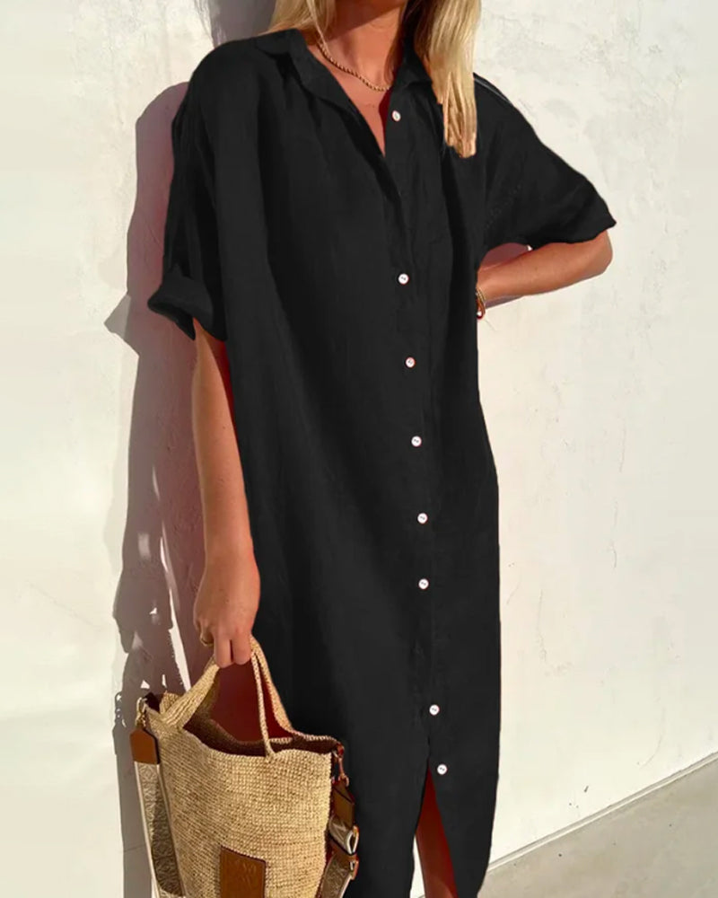 Greer | Women's Short Sleeve Button Front Midi Shirt Dress