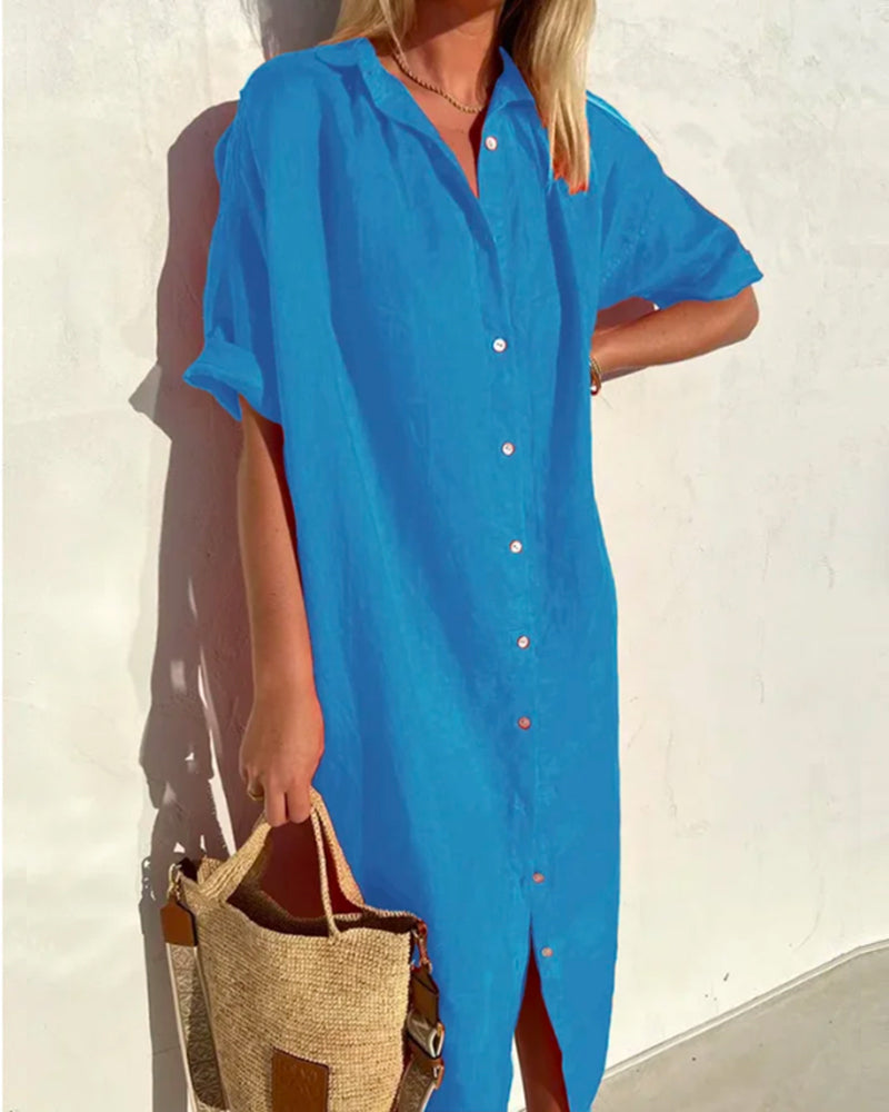 Greer | Women's Short Sleeve Button Front Midi Shirt Dress