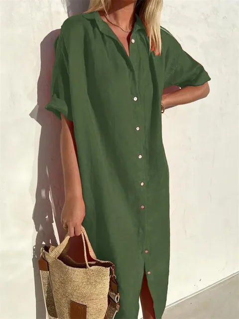 Greer | Women's Short Sleeve Button Front Midi Shirt Dress
