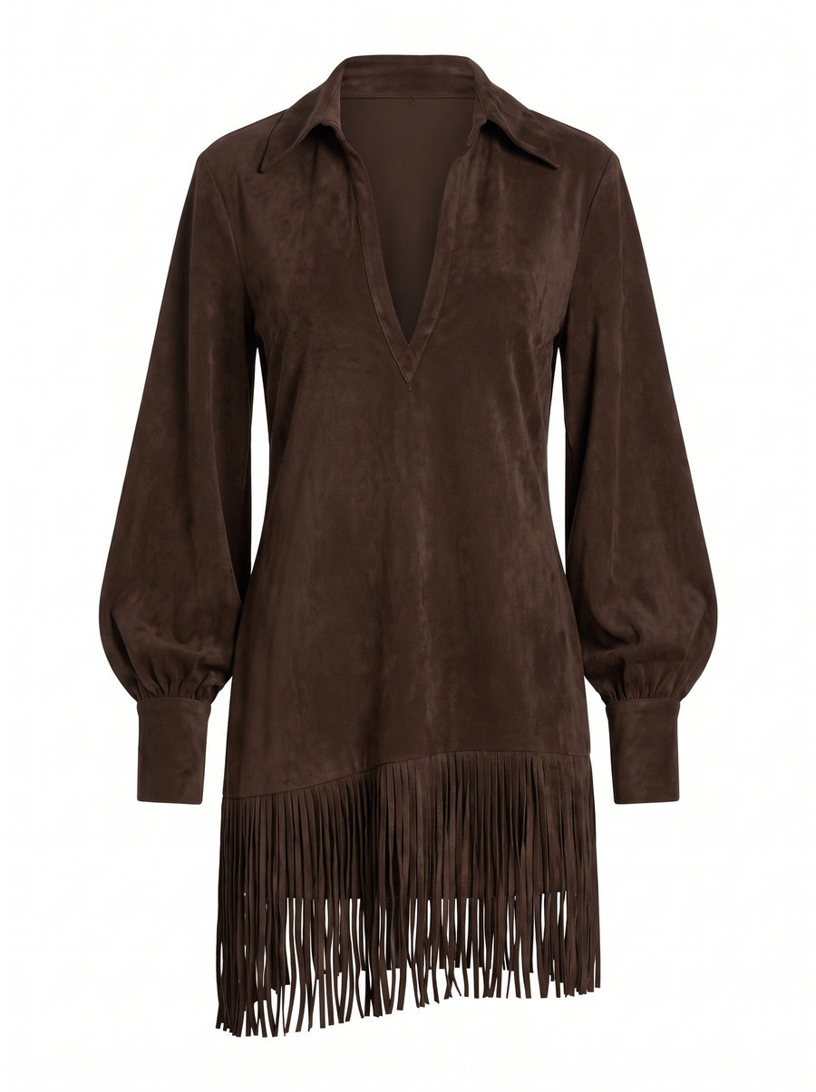 Regina-Isabelle | Women's Faux-Suede Fringe-Hem Shirt Dress front