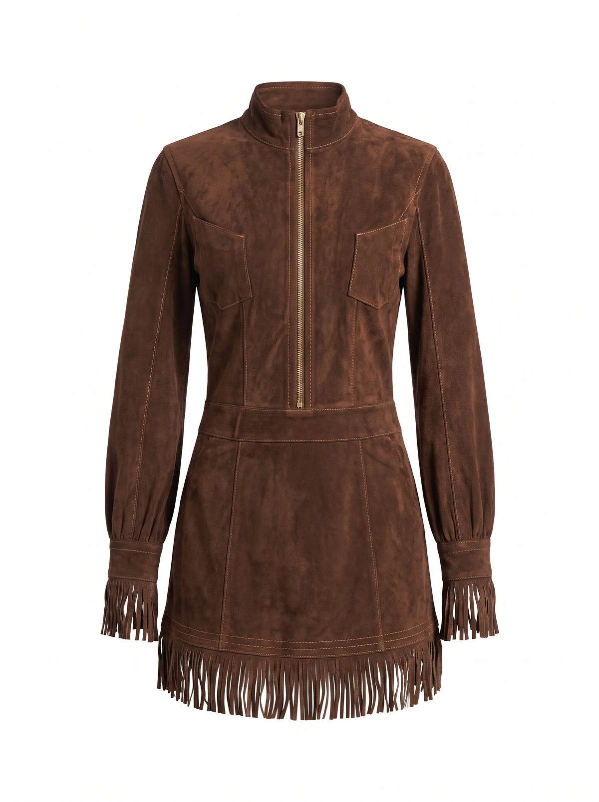 Hilda | Women's Suede Fringe Half-Zip Mini Dress front