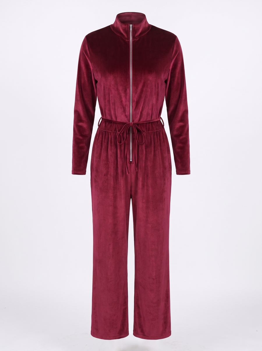 Madeline | Women's Velvet Zip-Front Jumpsuit with Stand Collar front