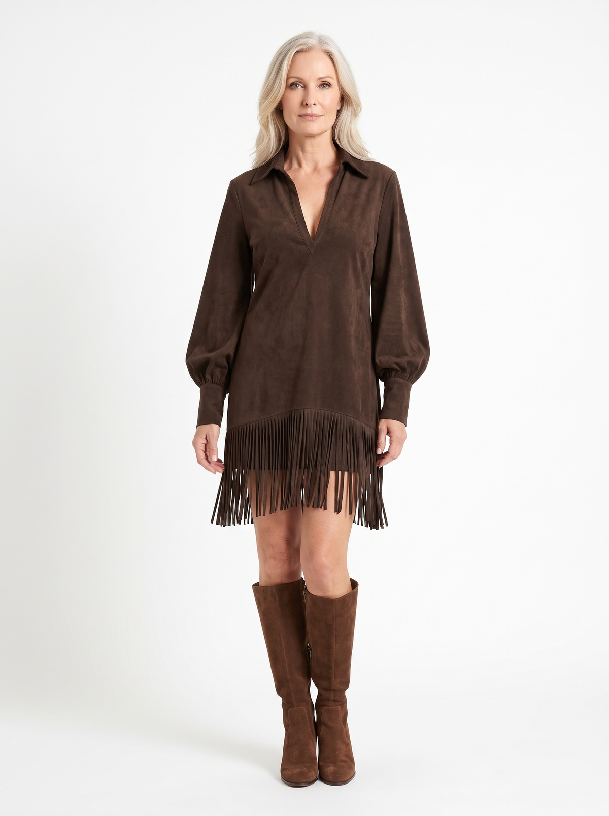Regina-Isabelle | Women's Faux-Suede Fringe-Hem Shirt Dress on model