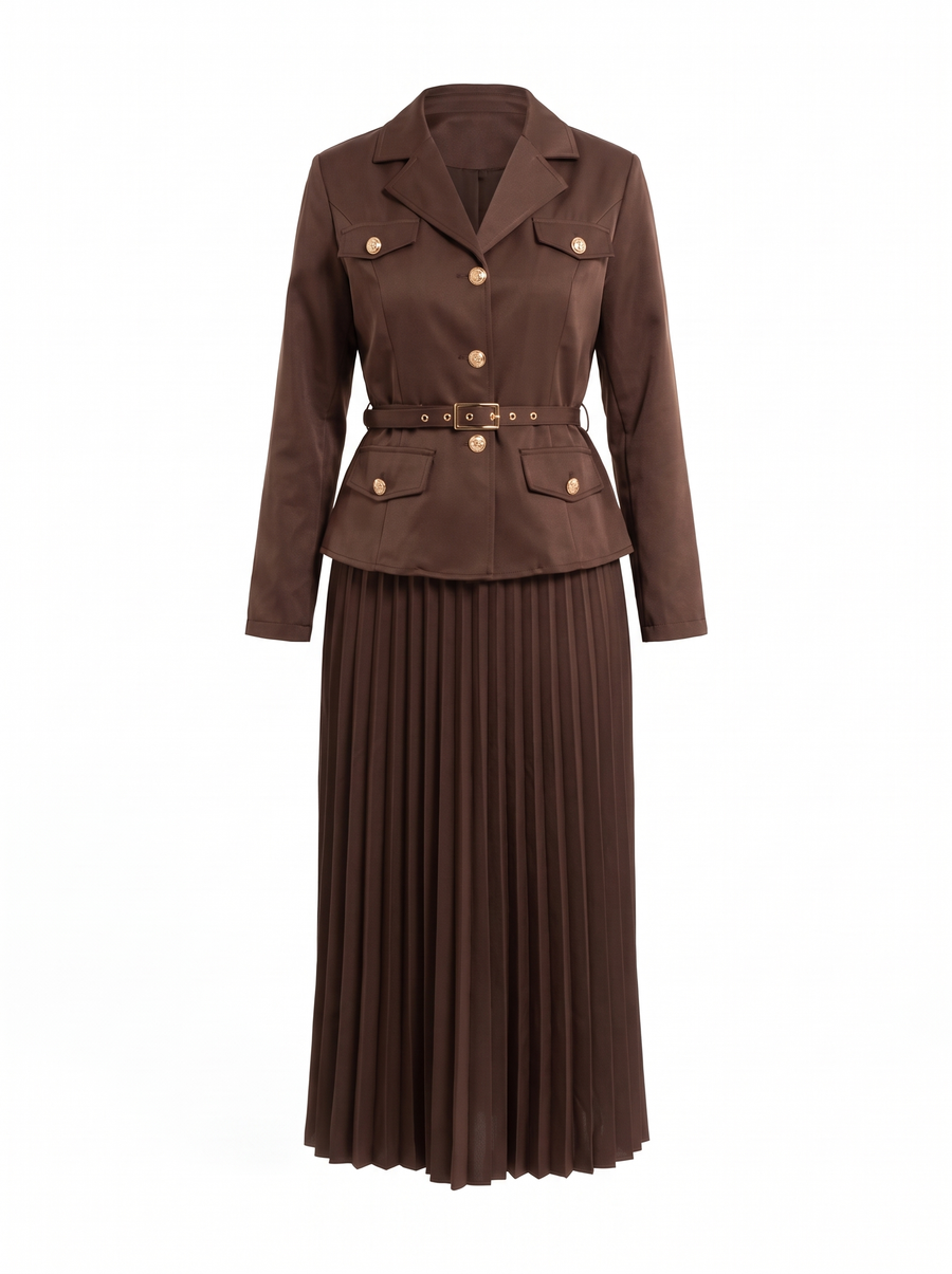 Clara-Wilhelmina | Women's Belted Peplum Blazer & Pleated Midi Skirt Two Piece Set front