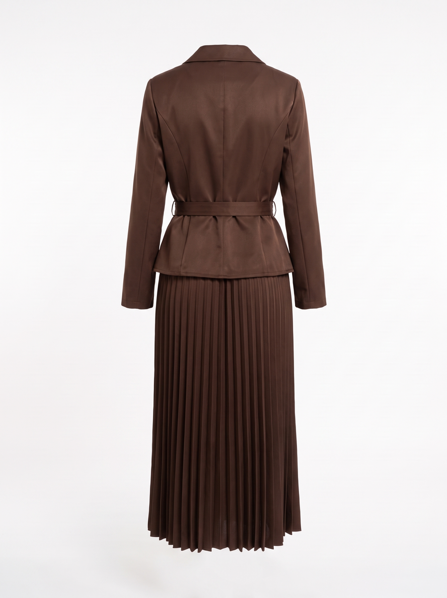 Clara-Wilhelmina | Women's Belted Peplum Blazer & Pleated Midi Skirt Two Piece Set back
