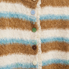 Mavis | Women's Striped Fuzzy Knit Cardigan with Lace-Trim Placket detail