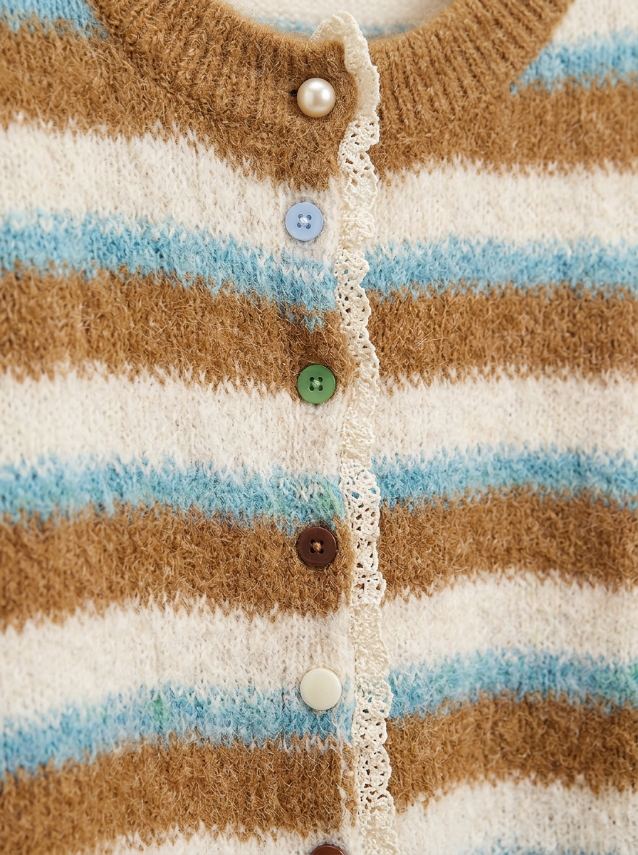 Mavis | Women's Striped Fuzzy Knit Cardigan with Lace-Trim Placket detail