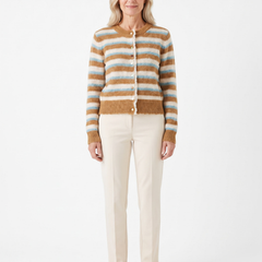 Mavis | Women's Striped Fuzzy Knit Cardigan with Lace-Trim Placket model1