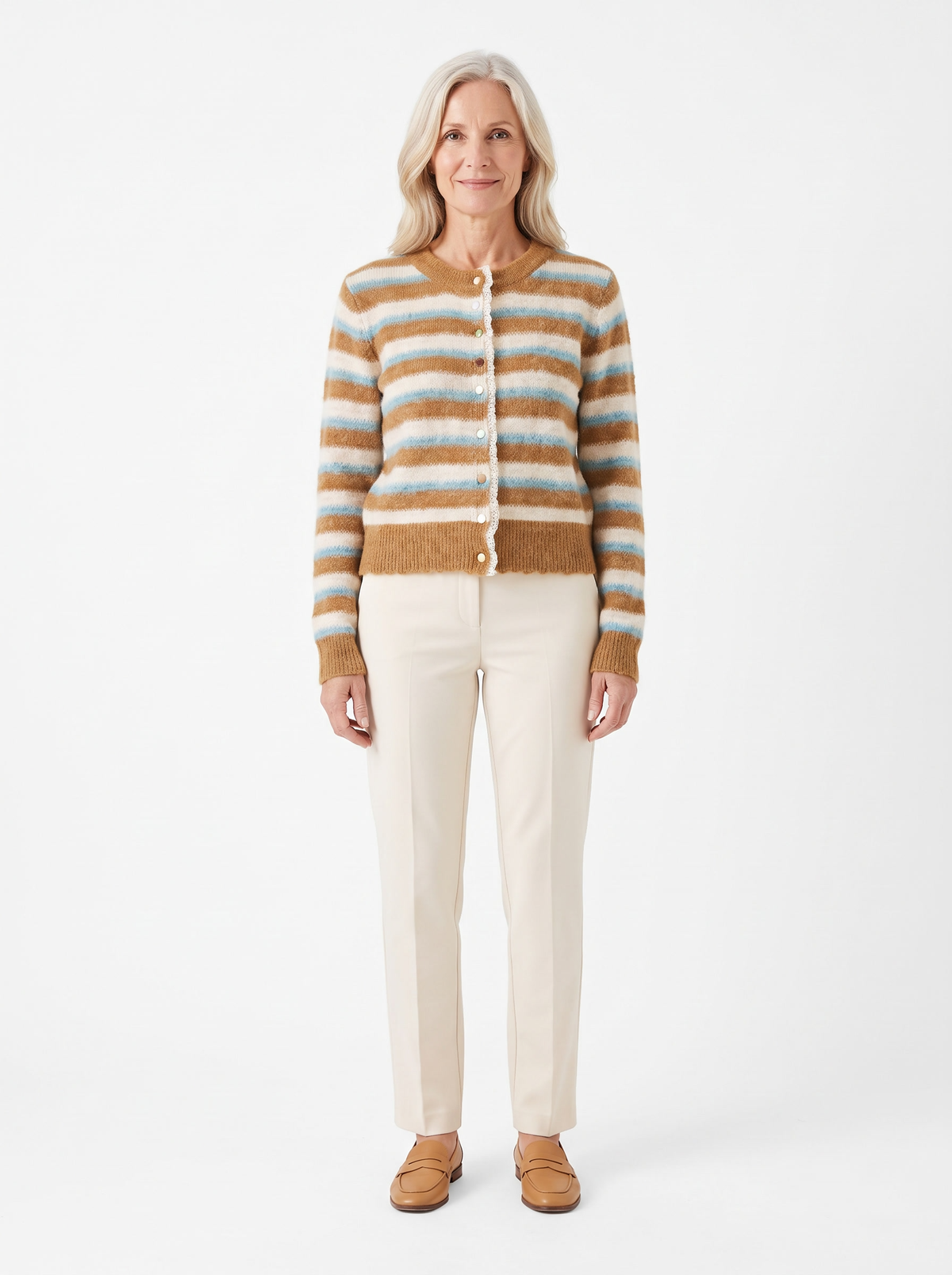 Mavis | Women's Striped Fuzzy Knit Cardigan with Lace-Trim Placket model1
