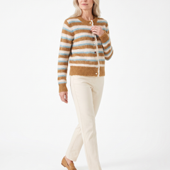 Mavis | Women's Striped Fuzzy Knit Cardigan with Lace-Trim Placket model2