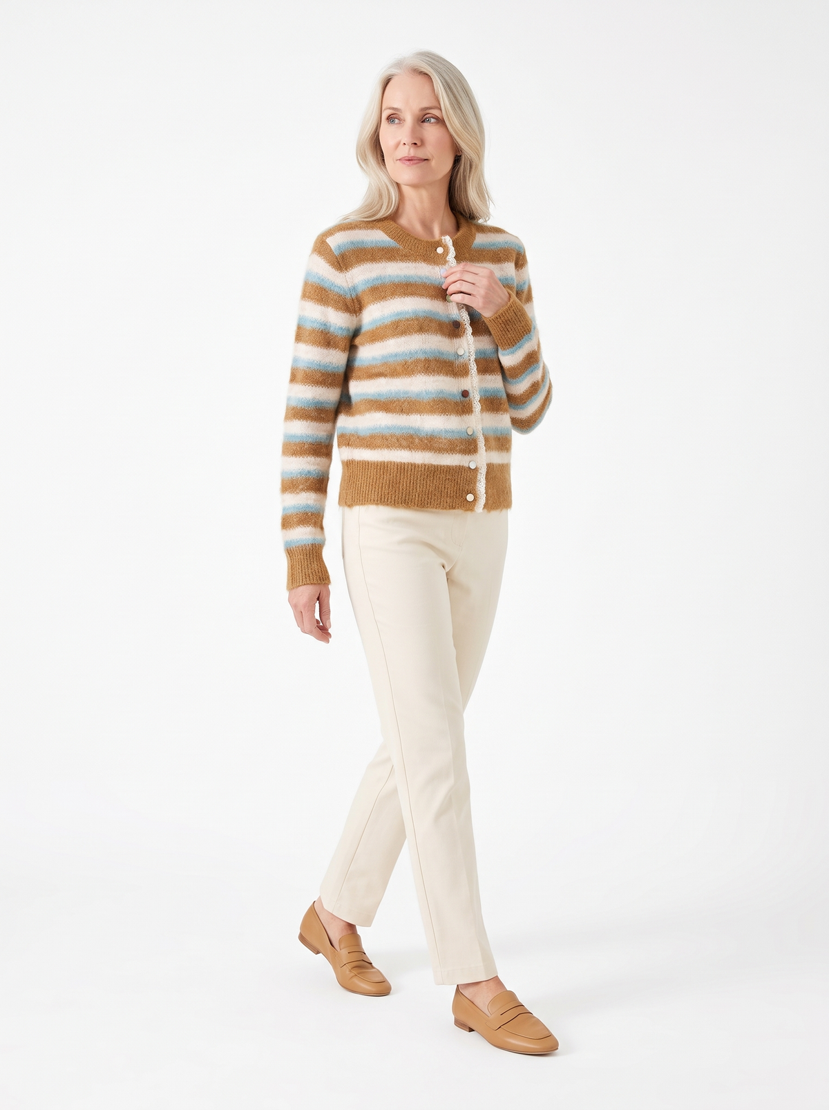 Mavis | Women's Striped Fuzzy Knit Cardigan with Lace-Trim Placket model2