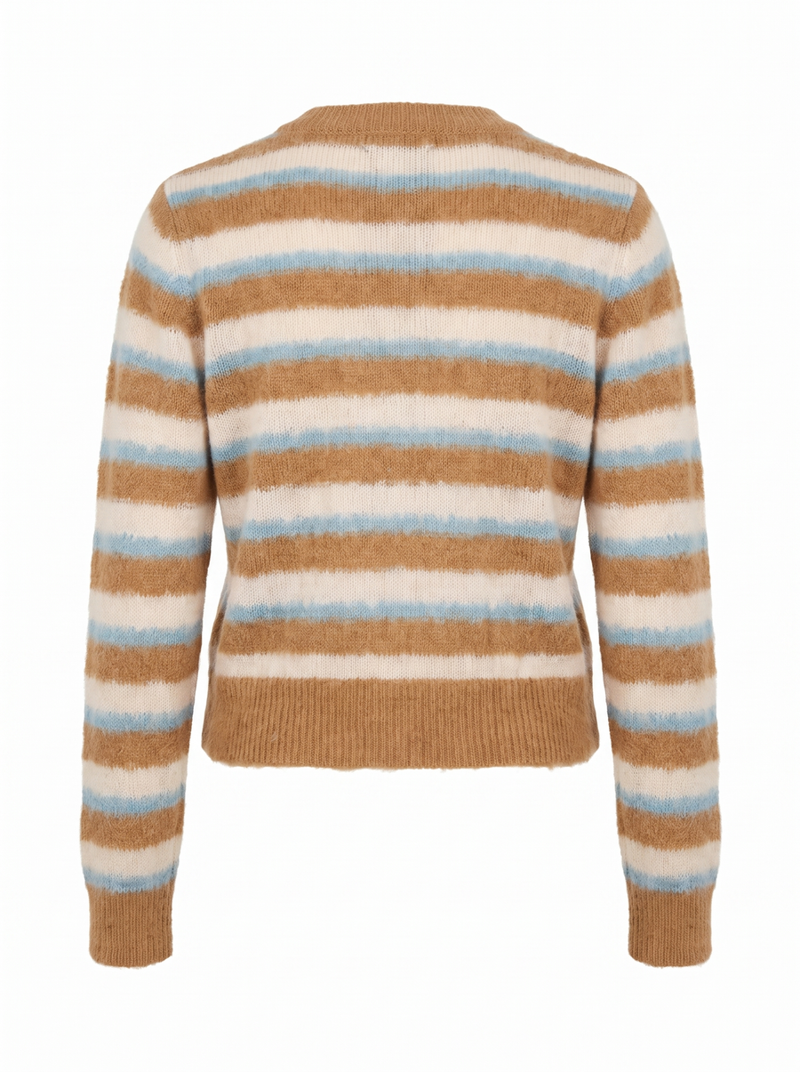 Mavis | Women's Striped Fuzzy Knit Cardigan with Lace-Trim Placket back