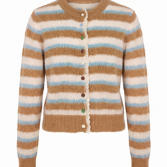 Mavis | Women's Striped Fuzzy Knit Cardigan with Lace-Trim Placket front