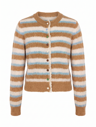 Mavis | Women's Striped Fuzzy Knit Cardigan with Lace-Trim Placket front