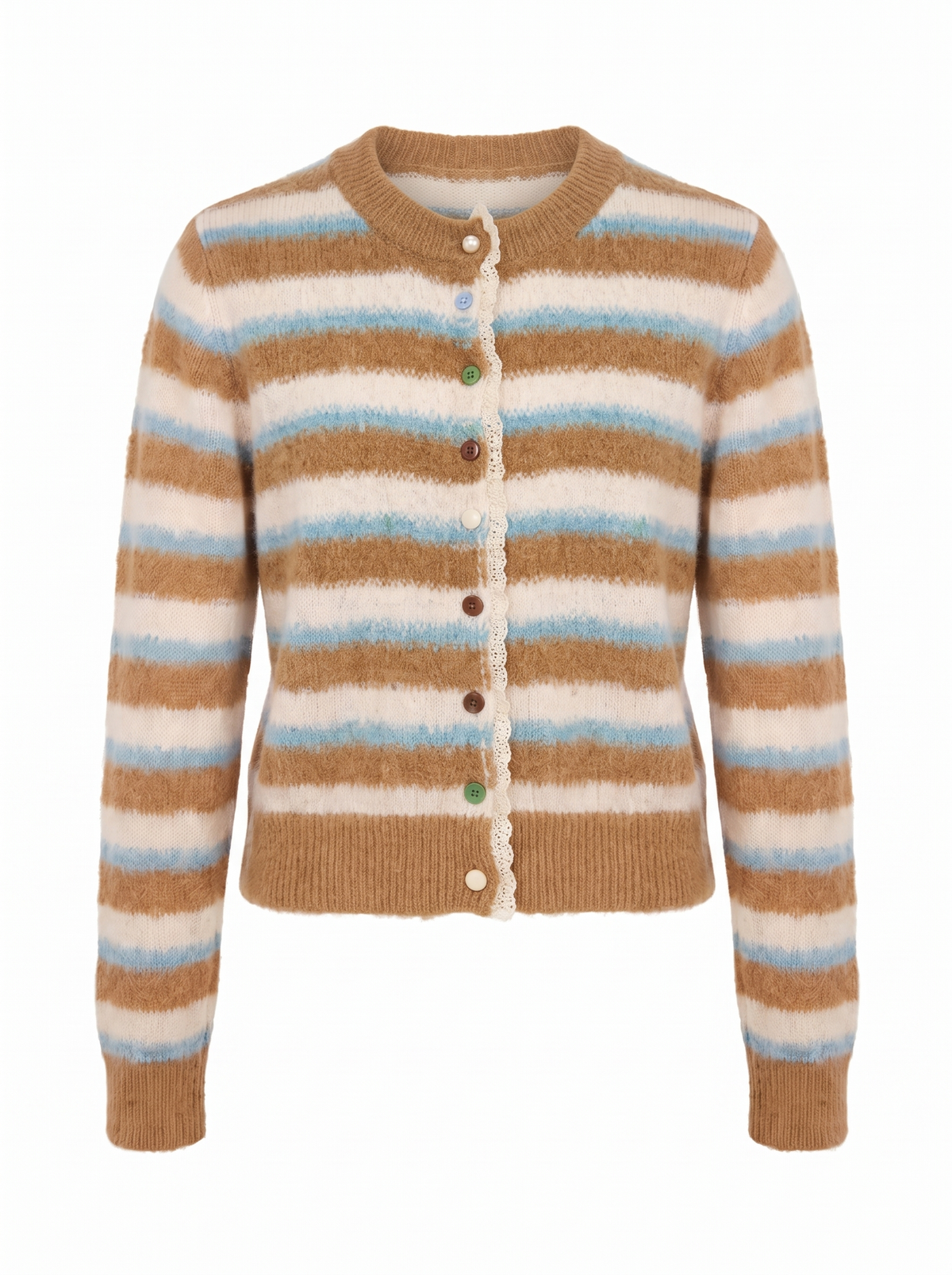 Mavis | Women's Striped Fuzzy Knit Cardigan with Lace-Trim Placket front