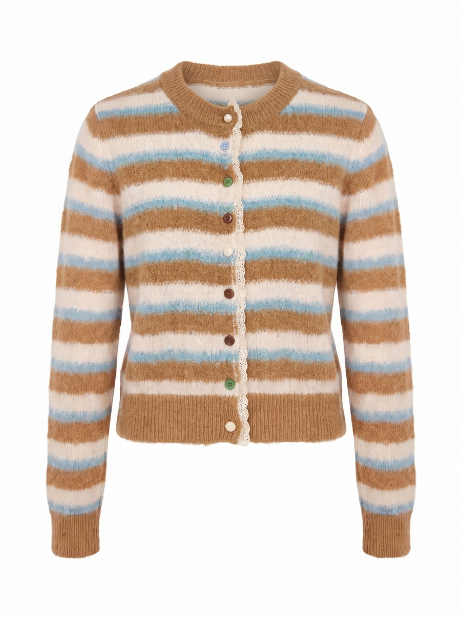 Mavis | Women's Striped Fuzzy Knit Cardigan with Lace-Trim Placket front