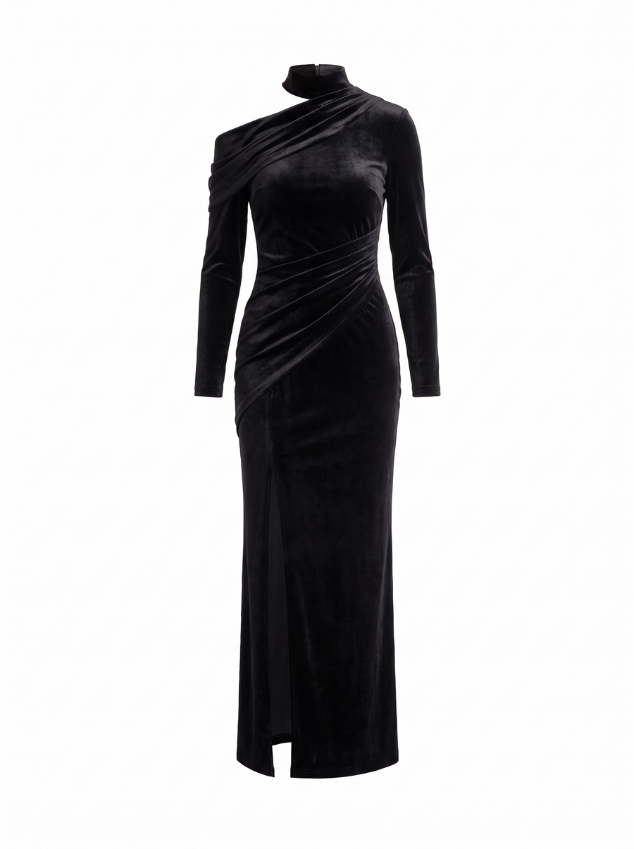 June | Women's Asymmetric High-Neck Draped Velvet Maxi Dress with Slit front