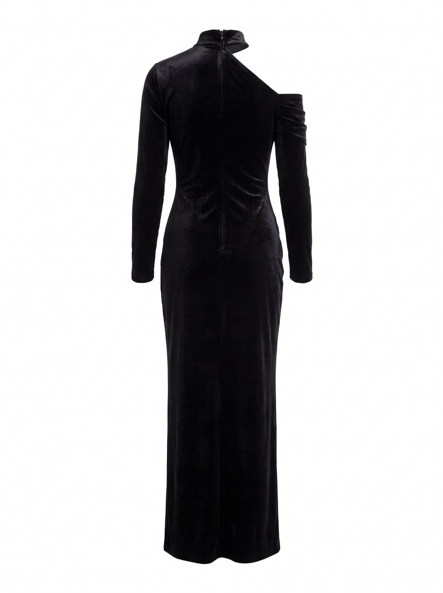 June | Women's Asymmetric High-Neck Draped Velvet Maxi Dress with Slit back