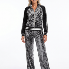 Ursula | Women's Leopard Velvet Zip Track Jacket & Wide-Leg Trouser Set model1
